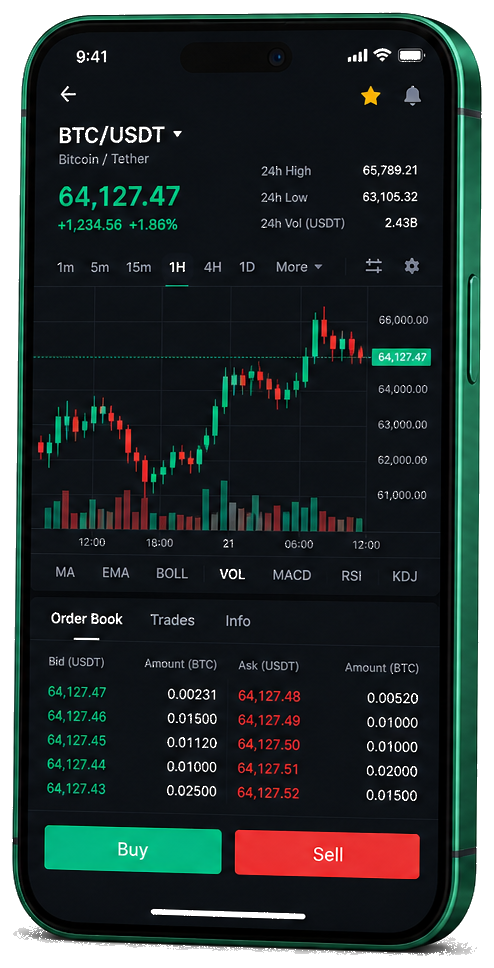 Stake +200 Lispro trading platform on mobile — live BTC/USDT chart, order book, and buy/sell interface